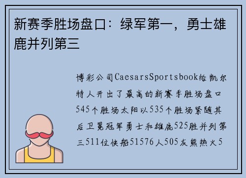 新赛季胜场盘口：绿军第一，勇士雄鹿并列第三